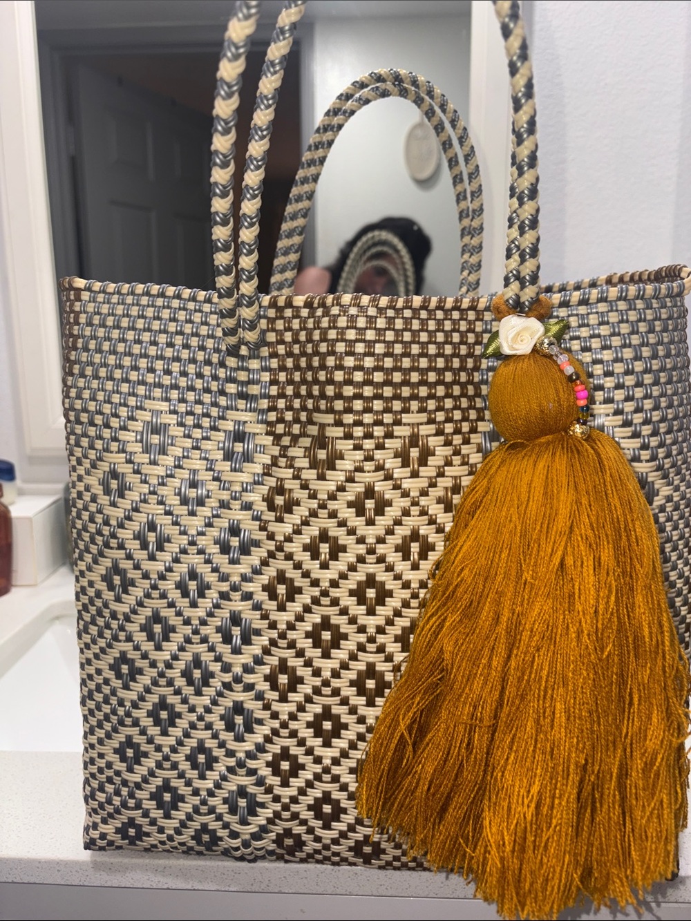 Woven Straw Tote Bag with Mustard Tassel